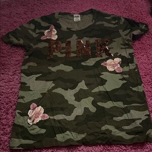 PINK Victoria's Secret Olive Camo Tee with Rose Gold Sequin Logo